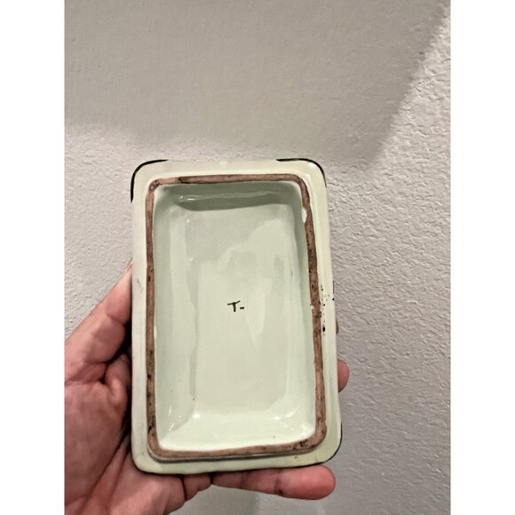 MCM Italy Hand Painted Trinket Dish Lidded Numbered Green Gold Vintage Rectangle - Picture 13 of 14